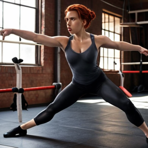 Home 11 **
Prompt: Scarlett Johansson intensely training for Black Widow, ballet and gymnastics mixed with combat practice, determined expression, gritty gym environment, sweat, dedication.
**