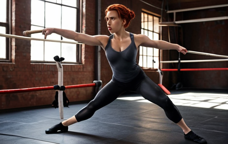 **
Prompt: Scarlett Johansson intensely training for Black Widow, ballet and gymnastics mixed with combat practice, determined expression, gritty gym environment, sweat, dedication.
**