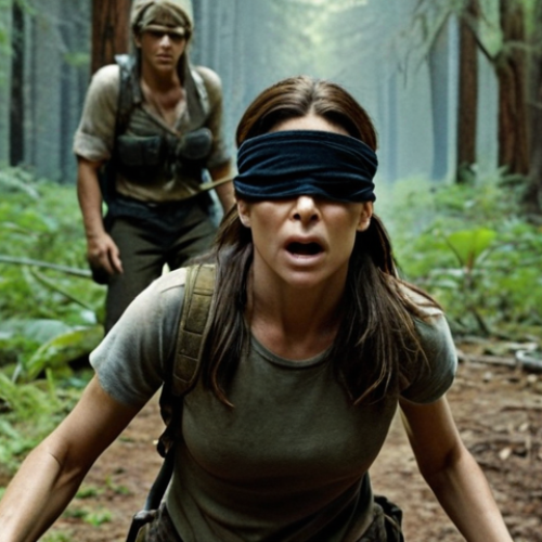 Home 6 ** Sandra Bullock as Malorie Hayes fiercely protecting two children, blindfolded, navigating a dangerous, overgrown forest landscape. Focus on her determined expression and the palpable tension of their surroundings. The scene should evoke a sense of post-apocalyptic survival and motherly strength. Style: Cinematic, dramatic lighting.
**