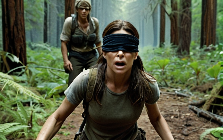 ** Sandra Bullock as Malorie Hayes fiercely protecting two children, blindfolded, navigating a dangerous, overgrown forest landscape. Focus on her determined expression and the palpable tension of their surroundings. The scene should evoke a sense of post-apocalyptic survival and motherly strength. Style: Cinematic, dramatic lighting.
**