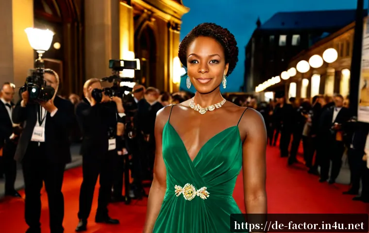 Lupita Nyong o의 흑인 여성 배우로서의 성공 - Photorealistic editorial portrait of a successful Black female actress at a Berlin film premiere, po...